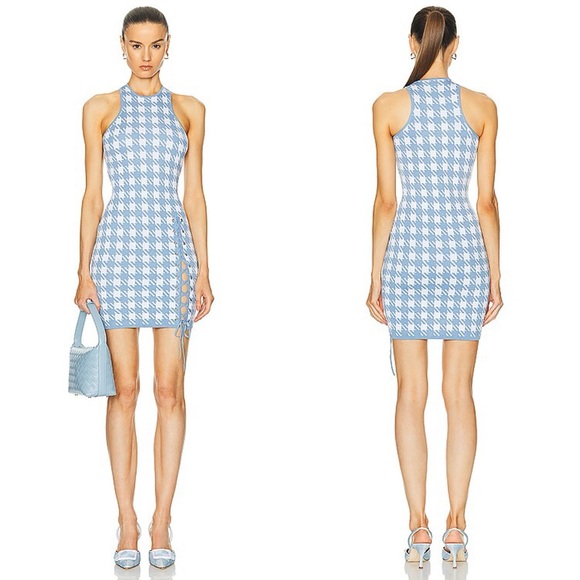 NEW NWT Fleur Du Mal Houndstooth Knit Mini Dress Baby Blue & Ivory - Picture 2 of 10